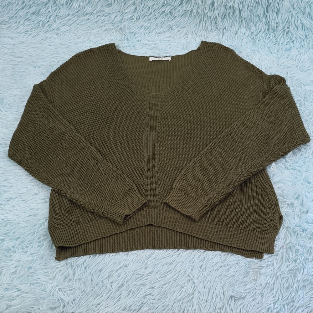 Double Zero Boho Olive Green Oversized Chunky Knit V-Neck Pullover L